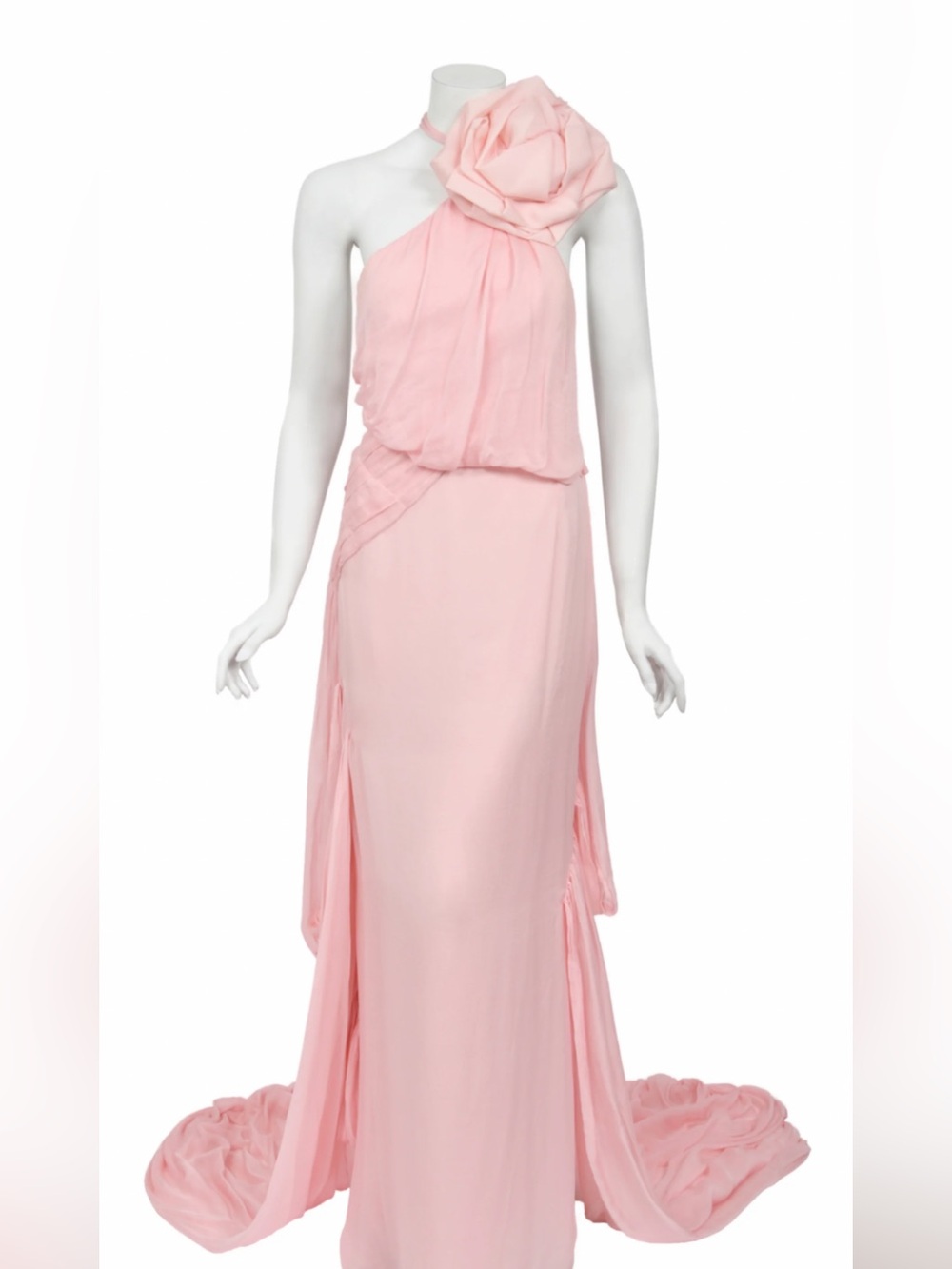 Emanuel Ungaro Pale Pink One-Shoulder Maxi Gown with Floral Accent
